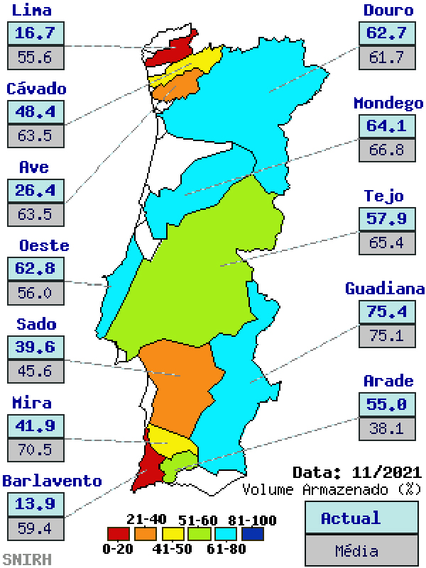 Mapa de Portugal continental e respectivas regiões