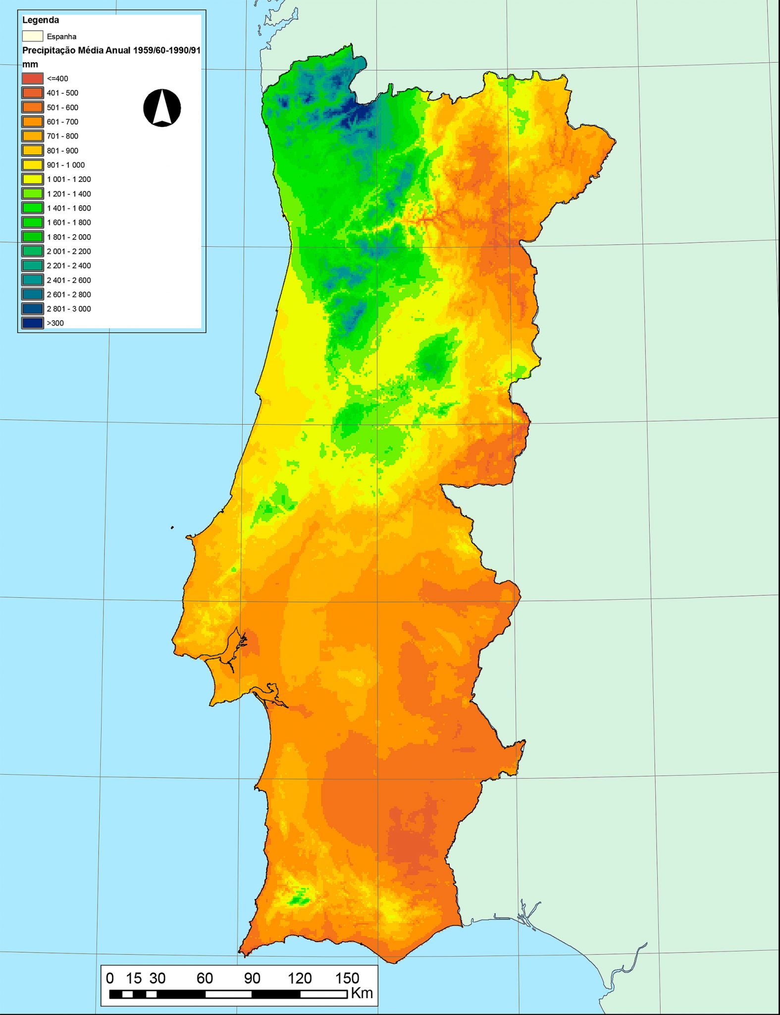 Mapa hidrográfico de Portugal e Espanha